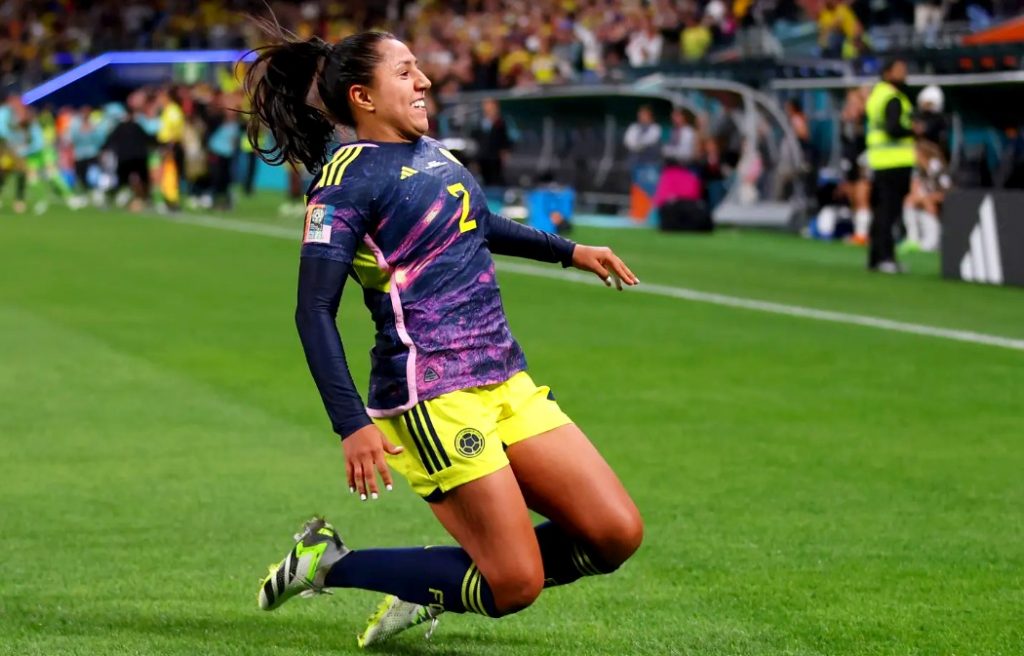Colombias Manuela Vanegas celebrates after scoring her teams second goal against Germany at the FIFA Womens World Cup
